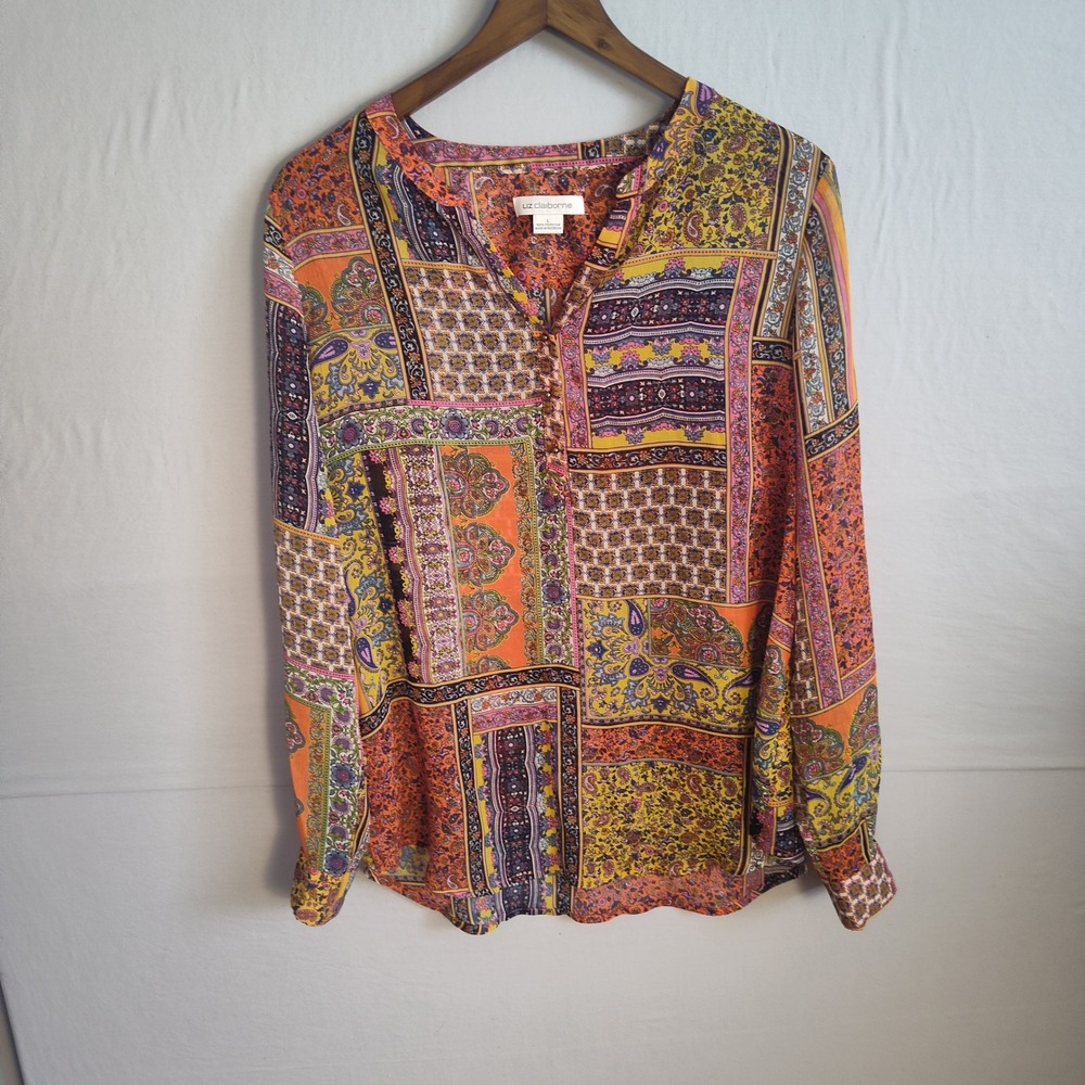 Liz Claiborne Womens Large Orange Patchwork Paisley Long Sleeve Blouse Top